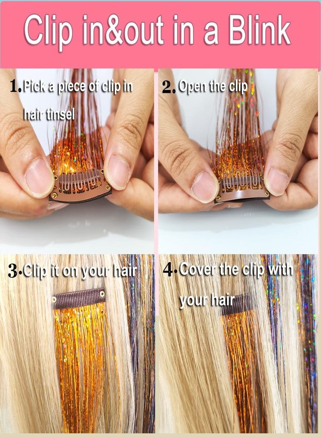CelineBella Hair Tinsel Clip in,Laser Orange,Copper Gold, 24 Inch Pack of 6Pcs,80 Strands Each,Unique Shimmer for Hair Styling​ for New Year Party Cosplay Festival Daily Use for Women - Image 3